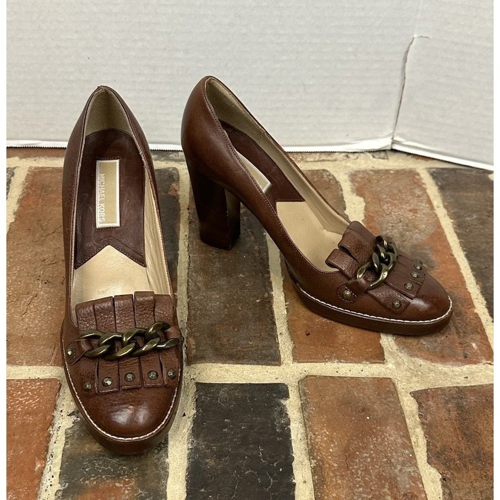 Michael Kors Collection Brown‎ Leather Kiltie Pumps Fringe Block Heel Women's 6